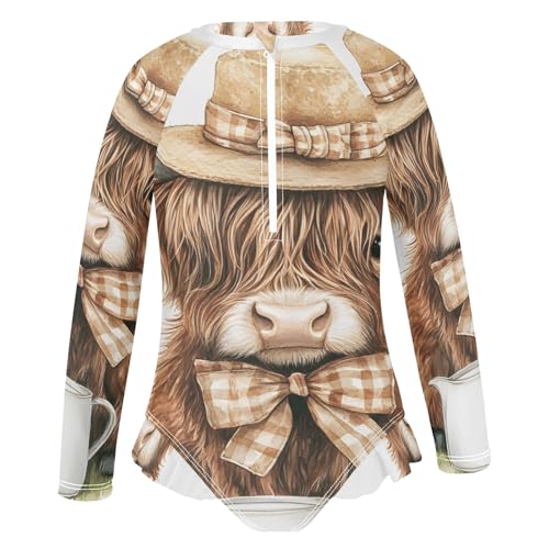 Highland Cow with Sunflower Girls Long Sleeve Swimsuit Rash Guard One Piece Bathing Suits Zipper 3-12T2