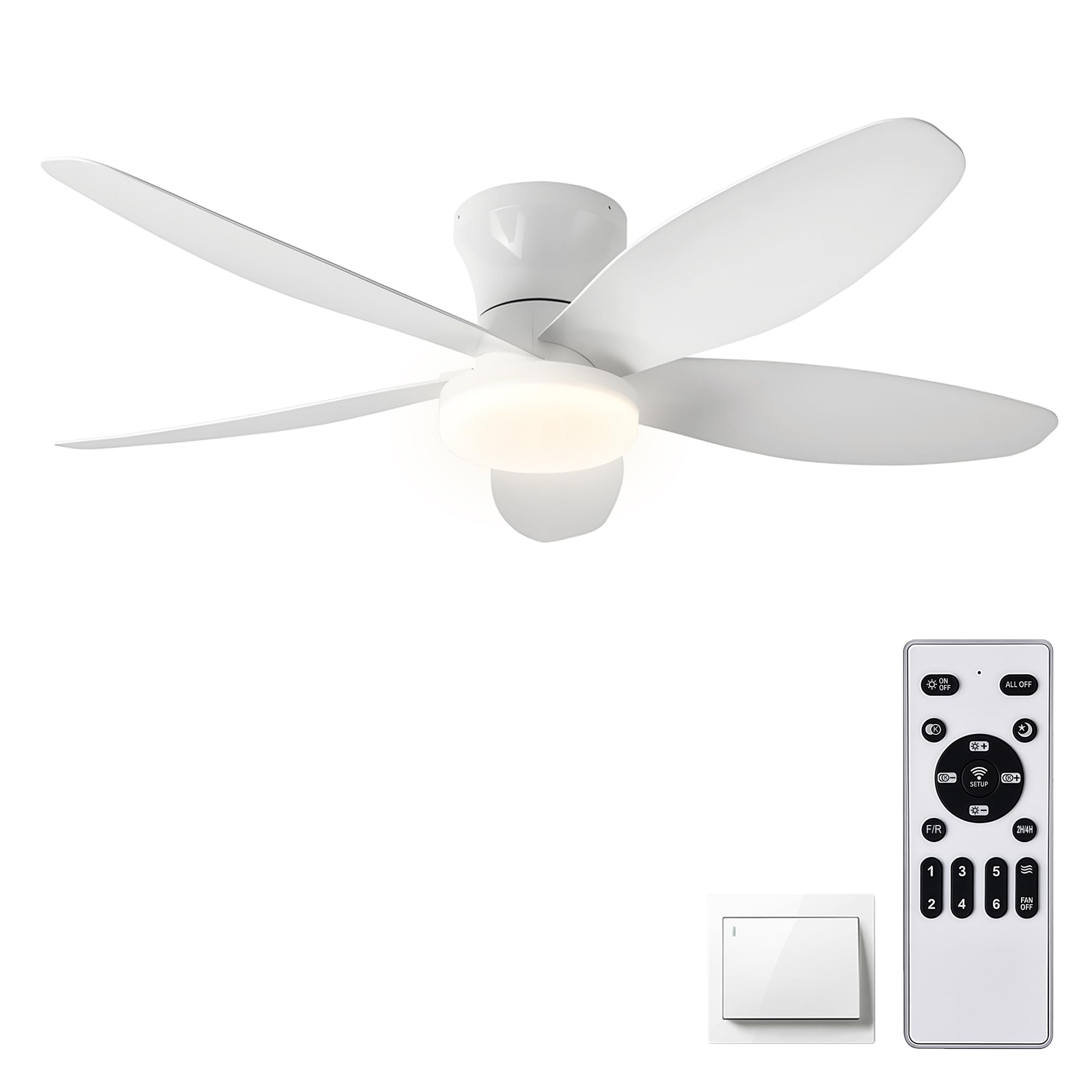 42" Low Profile Flush Mount Ceiling Fan with Lights & Remote, Dimmable 3-Color LED, 6 Speed Wind, Reversible DC Motor,Timer, Memory Function - Quiet Bedroom & Patio Fan for Indoor/Outdoor Use (White)