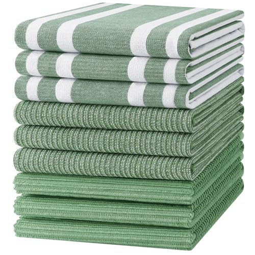 Image of Homaxy Premium Kitchen Towels(18 inchx 28 inch, 9 Pack), Large Cotton 380 GSM Kitchen Hand Towels, Soft and Absorbent Terry Dish Towels, Multipurpose Tea Towel Set with Hanging Loop, Grass Green