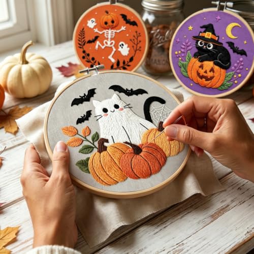 Image of Nuberlic Halloween Embroidery Kit for Beginners, 3 Pcs Easy Embroidery Kits for Adults Starter Cross Stitch Kit DIY Art Crafts Gifts for Women Men Friends, Home Decor