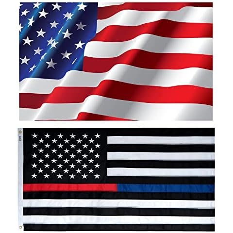 GORISE US Flag and Blue Red Line Flag 3x5 ft, Honor for US Officers, Embroidered Stars Cover