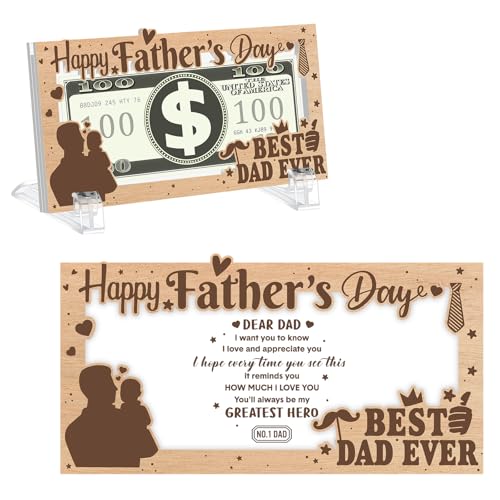 Yuntau Father's Day Money Holders for Cash Gift Acrylic Money Box Currency Holder with Transparent Bracket for Father Dad Cash Organizer Party Present(Wooden Style)
