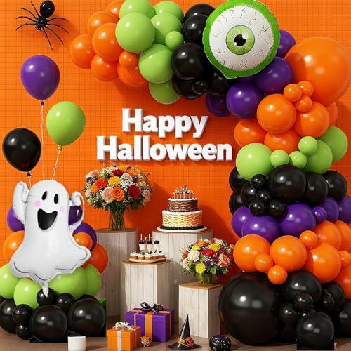 Image of Halloween Balloons Garland Arch Kit, Ghost and Large Eyeball Foil Balloons with Black Orange Purple Fruit Green Balloon Arch for Halloween Spooky Witch Birthday Baby Shower Party Decorations