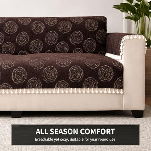 Image of STITCHNEST Woven Fabric Sofa Cover 2 Seater with 2 Hand Rest Covers - Washable Brown Sofa Cover with Tassels - Durable Premium Fabric - Stylish Sofa Protector for Living Room & Furniture Decor