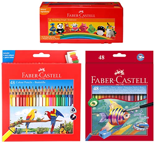 Image of Faber-Castell 48 Triangular Colour Pencils & Modelling Dough - Pack of 6 & Design Series Aquarelle Full Length Water Color Pencils - 48 Shades