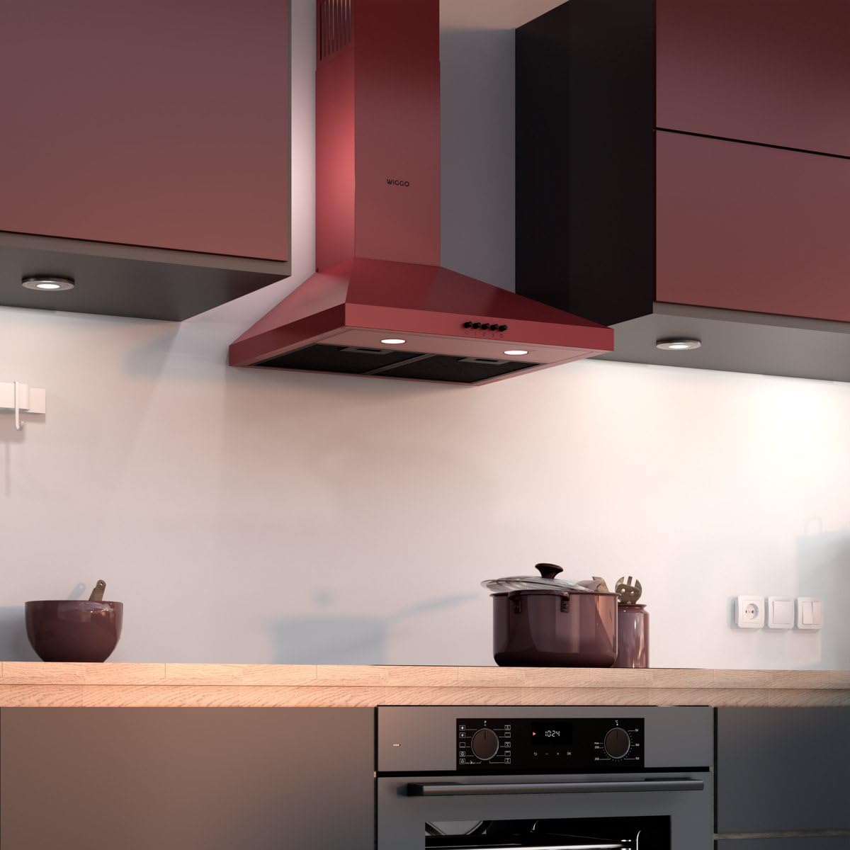 Wiggo Dunstabzugshaube 50cm I Wandhaube für Abluft oder Umluft Dunstabzug 300m³/h mit LED-Beleuchtung & 3 Leistungsstufen I Wandhaube inkl. Fettfilter & 2x Kohlefilter I Abzugshaube Rot