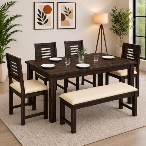 Image of AADITYA WOODS Solid Sheesham Wood Six Seater Dining Table Set with Chairs & Bench for Living Room Home Wooden 6 Seater Dining Table for Home Office Dining Room Set- Walnut & Cream