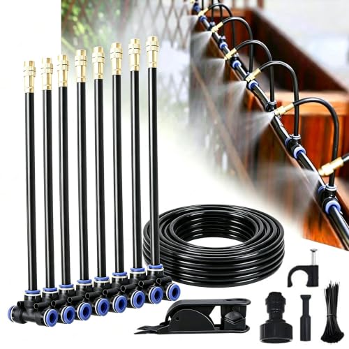 GEDEGOOK Nebulizador Terraza Exterior, 15M Sistema de Riego por Goteo Ajustable de 360°, Kit Nebulizador Jardin, Sistema de Refrigeración para Invernadero Enfriamiento