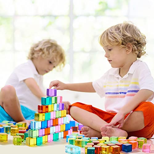 Image of Meooeck 100 Pcs Colored Acrylic Gem Cube Blocks, Translucent Rainbow Building Stacking Sensory Train Toy with Wooden Storage Box for Toddler Kid Montessori School Classroom (Cube)