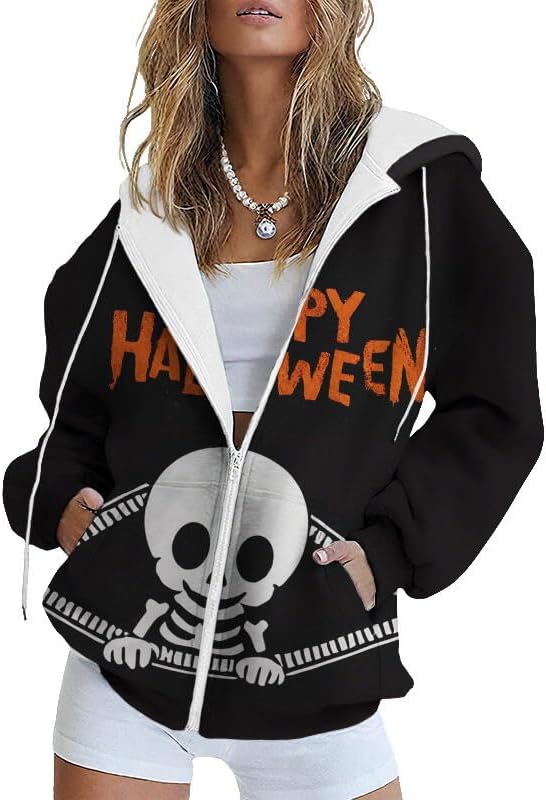HOTYD Womens Halloween Hoodie Funny Spooky Season Full Zip Baggy Hoodie Fall Fashion Halloween Jackets for Women with Pockets