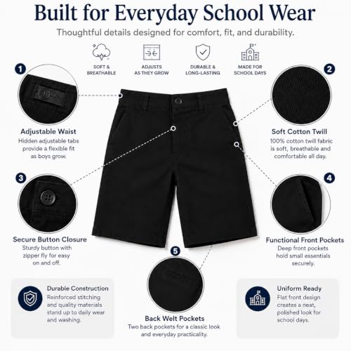 Image of Bienzoe Boys School Uniform Shorts: Flat Front Cotton Bermuda - Adjustable Waist - Breathable for Church Outdoor - Aged 4-13