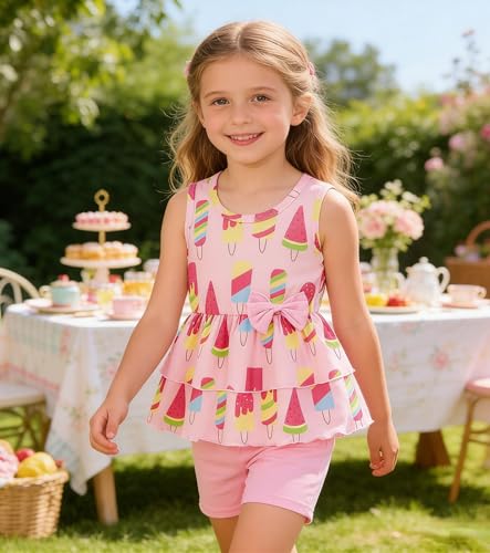 Image of Girls 2 Piece Outfit Summer Short Set Sleeveless Bow Knot Tank Top and Shorts Cute Clothes for Toddler Girls