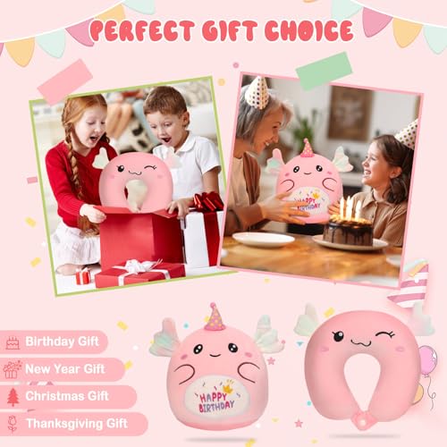 GDGZT Kids Travel Pillow, 2-In-1 Kids Neck Pillow for Travel, Reversible 10 Inch Axolotl Happy Birthday Plush Toy, Axolotl Plush Pillow Comfortable in Airplane, Car, Nap, Reading, Decor - Image 6