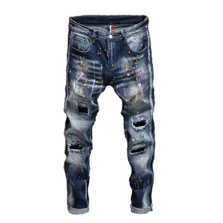 Men Street Jeans Retro Blue Paint Splatter Slim Fit Ripped Jeans Mens Stretch Trousers Hip Hop Denim ​​Trousers