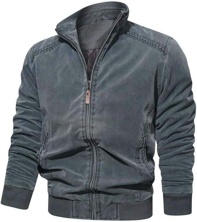 Men's Cotton Lightweight Jackets Zip Front Stand Collar Windbreaker Coat Solid Cargo Bomber Jacket with Pockets