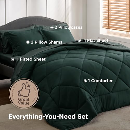 Image of Bedsure Full Comforter Set Dark Green - 7 Pieces Reversible Bedding, Full Size Bed Set for All Seasons, Bed in a Bag with Down Alternative Comforter, Sheets, Pillowcases & Shams