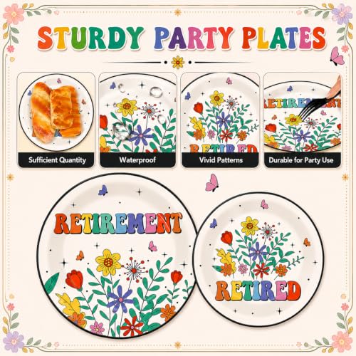 Image of 100 Pcs Flower Retirement Party Plates and Napkins Set Happy Retired Birthday Party Decorations Supplies Paper Dessert Tableware Vintage Farewell Themed Favors for Birthday Decorations Serves 25
