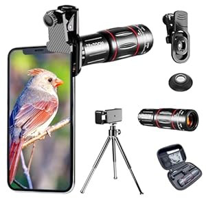28x Optical Zoom HD Phone Camera Lens 5 in 1 Kit for iPhone and Android with Tripod + Telephone Zoom Lens + Lens Cover + Clips, Support Hand-held, Eye View, Spot Shooting, 4K HD Telephoto