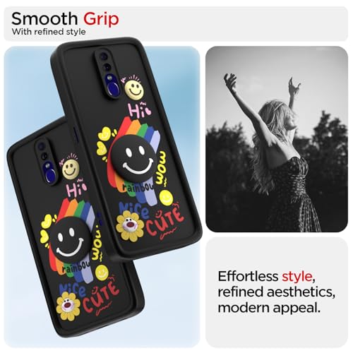 Image of Pikkme Back Cover for Oppo F11 | Soft Silicone| Cute Rainbow Smile & 3D Cartoon Flower Design | Shockproof Raised Camera Protection Bumper Case (Black)