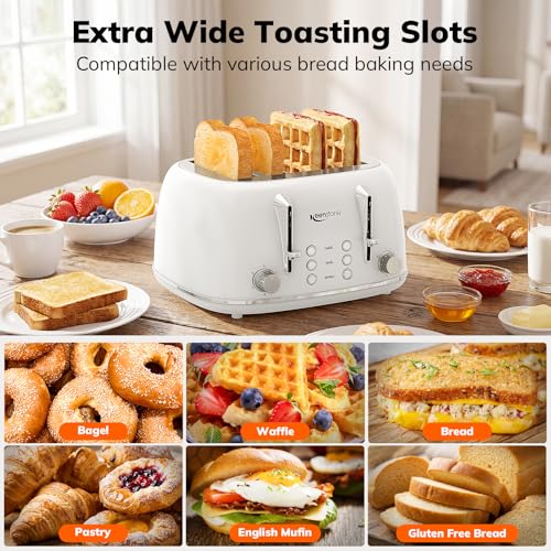 Image of Keenstone Toaster 4 Slice, Retro Stainless Steel Wide Slot Toaster with Dual Independent Controls, 6 Browning Levels, Bagel, Defrost, Reheat & Cancel, Removable Crumb Tray, White