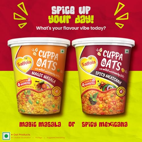 Image of Saffola Cuppa Oats, Spicy Mexicana | Tasty Mazedaar Snack | Just add hot water | Goodness of Jowar & Veggies | No Maida, No Added Preservatives | Helps Manage Weight | 44g /52g (weight may vary)