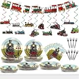 party greeting 109Pcs Train Birthday Party Supplies Includes Steam Train Party Plates Napkins Fork Retro Train Banner Hanging Ceiling Swirls for Train Transportation Baby Shower Party Decorations Set
