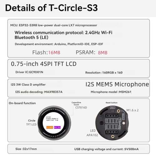 ESP32-S3 Xiao Écran TFT LCD 0.75 Pouce avec Module Wi-Fi Bluetooth I2S