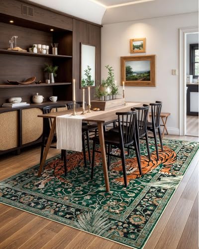 Moynesa Tiger 5x7 Area Rug, Boho Washable Living Room Rug, Non Slip Green Rugs for Bedroom, Ultra Thin Vintage Soft Stain Resistant Throw Floor Carpet for Office Dining Room