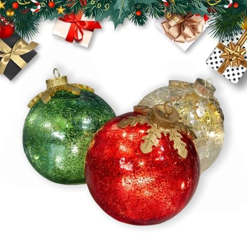 Glass Tabletop Christmas Ornaments Shiny Christmas Balls Tree Hanging Decoration with Soft White LEDs Colorful Ball Pendant for Xmas Home Party Centerpiece Mantel Party Supplies 3PCS