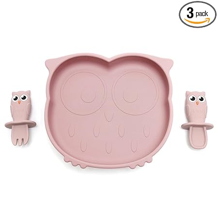 KIDS STATION 3pcs Owl Shape Suction Plate, Feeding Spoon and Fork, Food Grade Silicone, BPA-Free & Microwave Safe Baby Feeding Essentials, Toddler Training Feeding Set (Pink)