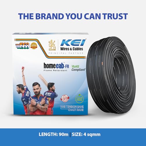 Image of KEI WIRES & CABLES Homecab 4 sqmm 1 Core Copper Flame Retardant House Wire PVC Insulated Cable for Domestic & Industrial Electrical Wiring (Black, 90 Meters)