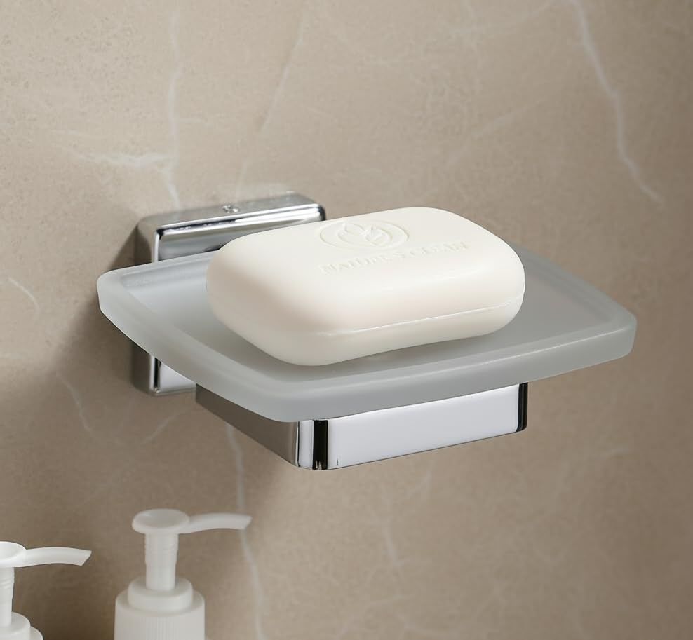 Image of 304 Stainless Steel Wall-Mounted Soap Dish Holder with Frosted Glass Tray | Rustproof Bath Soap Stand for Bathroom, Shower, Washbasin, Kitchen | Square, Chrome Finish(Square-27)