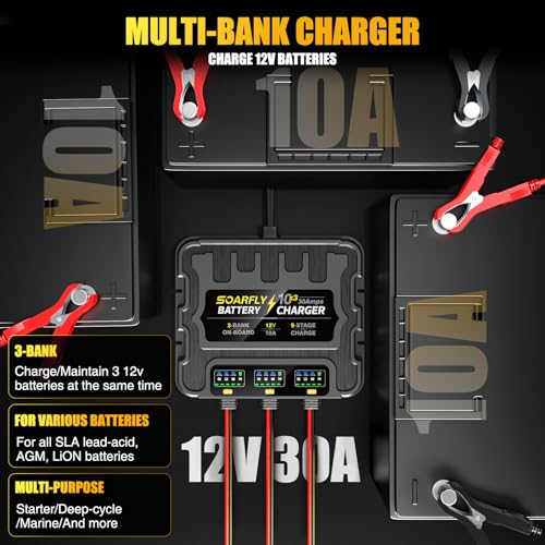 Image of 3 Bank Marine Battery Charger, 12V 30A (10A /Bank) Smart Waterproof Onboard Boat Battery Charger, Battery Maintainer & Desulfator for SLA /AGM /Lithium (LiFePO4), Calcium and Deep-Cycle Batteries