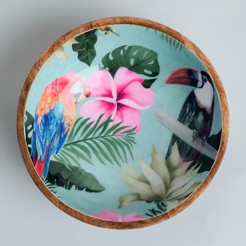 Image of SAAGA Printed Mango Wood Mixing Bowl - 8 x 2.5 Inch Large Stylish Wooden Serving Bowl for Salad, Fruits, Snacks & Curries - Tourmaline Finish