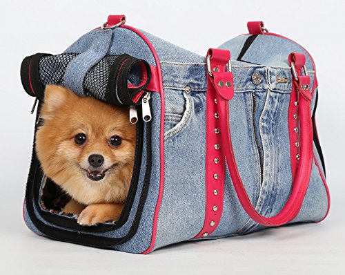 Doggy Dolly PC062 Dog Bag - Rivets with Carry Handle - Pink/Denim