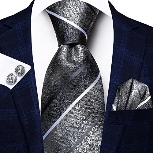 Image of Dubulle Men Black Grey Silver Tie and Pocket Square Set Silk Striped Necktie Handkerchief Cufflinks 3PCS Set Wedding Business
