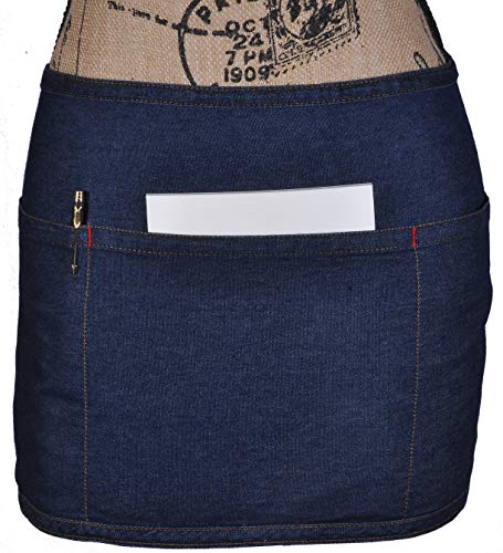 Atmos Green 6 Pack Indigo color pre washed soft Denim 3 Pockets Waitress Apron 24x12 with 40 tying strap 100 Cotton