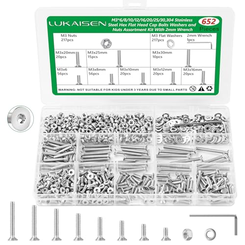 Lukaisen M3 Screws Set 652PCS Stainless Steel Flat Head Bolts Nuts Kit