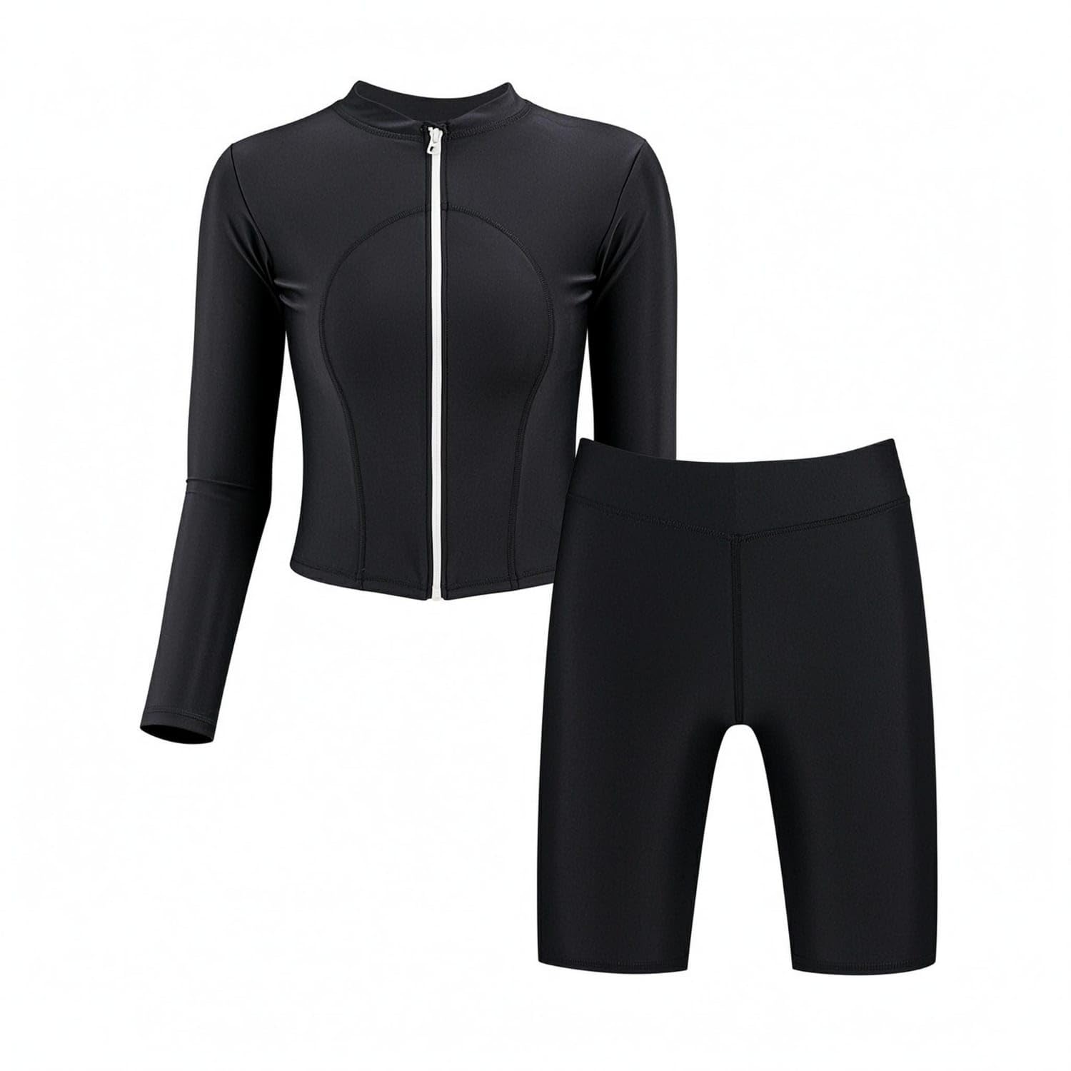 Bnf Black Zip-Front Swim Set Split Design Long Sleeve Rash Guard Swimsuit Athletic Cut Swim Shorts Set Minimal for Women, Swimming, Snorkeling, Surfing, XL-image-9