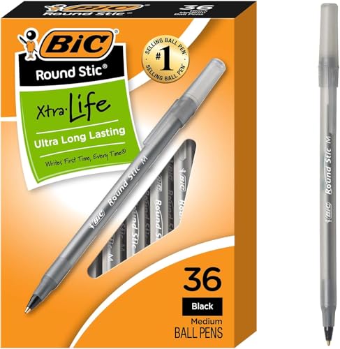 BIC Round Stic Xtra Life Black Ballpoint Pens, Medium Point (1.0mm), 36-Count Pack of Bulk Pens, Flexible Round Barrel for Writing Comfort, No. 1 Selling Ballpoint Pens
