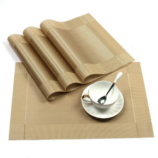 Image of Solitude Placemats Set of 4 Dining Table Place Mats | Placemats Table Mat PVC Material | Non-Slip Heat Resistant | Dining Tablemates Washable Anti-Skid | Size 45 x 30 CM (Gold)