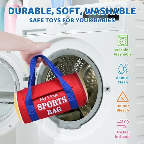 kmuysl baby toys 0-12 months my first sports bag plush toy - 4 sensory balls soft toys with crinkle rattles for 0-3-6-9-12 month newborn infant 1st birthday for babies boys girls age 1