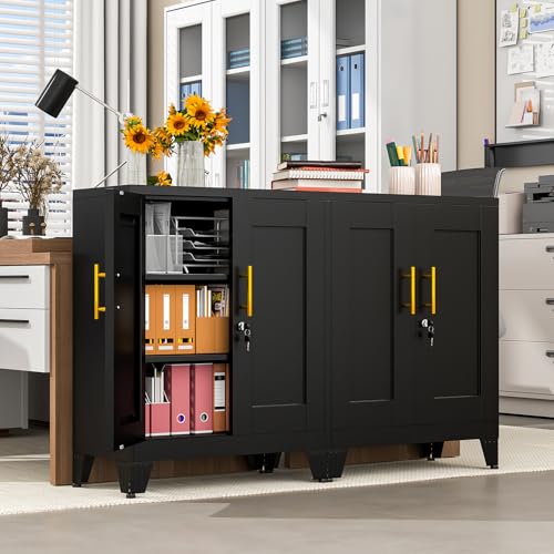 Image of pozdeg Metal Storage Cabinet with 2 Doors, 35.8 inch H Steel Metal Locker Storage Cabinet with 2 Adjustable Shelves, Versatile Storage Buffet Sideboards for Home Office Garage or Gym (Black)