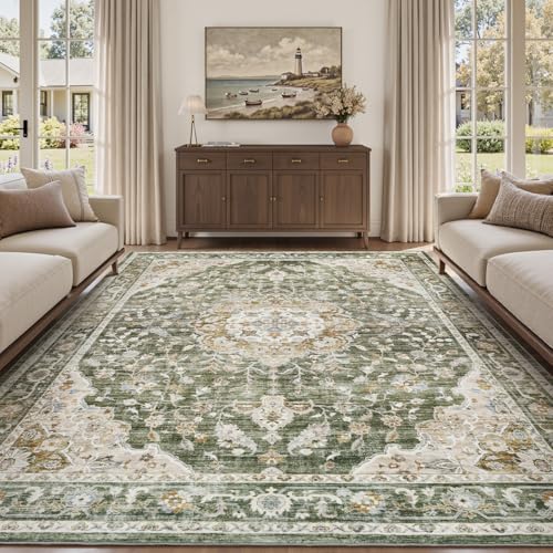 PADOOR-Vintage Area Rug 9X12 Rugs for Living Room-Soft Olive Green Rugs for Bedroom-Machine Washable Rug Non Slip Carpet-Rug for Dining Room Living Room Bedside Office Olive 9' x 12' (Rectan