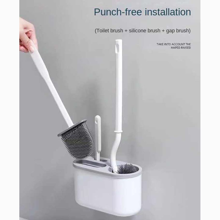 Image of Toilet Bowl Brush and Holder Wall Mounted Silicone Flat Toilet Cleaner Set Cleaning Tool Bathroom Cute Tool Toilet Scrubber Long Handle Toilet Brush with Plastic Handle (3 in 1 Toilet Bowl)