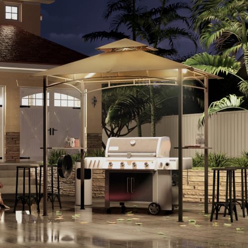 Image of MASTERCANOPY 8 x 5 Grill Gazebo Outdoor BBQ Gazebo Canopy with 2 LED Lights (Khaki)
