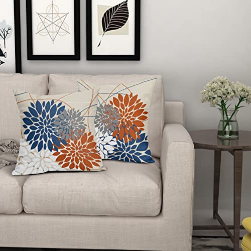 Blue Orange Pillow Covers 18X18 Inch Dahlia Flower White Gray Elegant Colored Throw Pillows Farmhouse Outdoor Decor For Home Living Room Sofa Bed Modern Floral Linen Square Cushion Case, Set Of 2 #TOP6