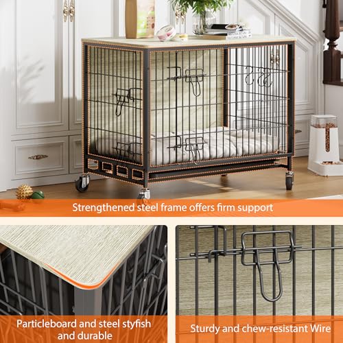 Medium Dog Crate Furniture, 32.5"L x 21.9"W x 25.2"H, Indoor Pet Crate with Double Doors, Removable Tray and 360° Wheels, Wooden Countertop Dog Kennel, Gray&Black - Image 6