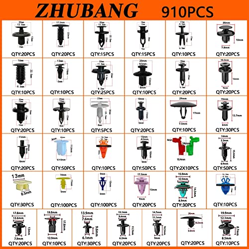 Zhubang 931Pcs Car Push Retainer Clips Door Panel Trim Clamp Kit Auto Fasteners Assortment With 38 Most Popular Size Nylon Bumper Fender For Gm Ford Toyota Honda Chevrolet Bmw Benz Audi Nissan Mazda #TOP1