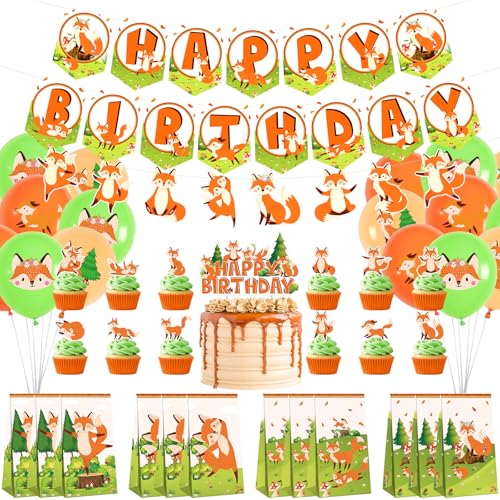 Fox Birthday Party Supplies Including Happy Birthday Party Banner cake topper Gift Bag Balloons for Girl Boy Fox Theme Baby Shower Birthday Party Decorations